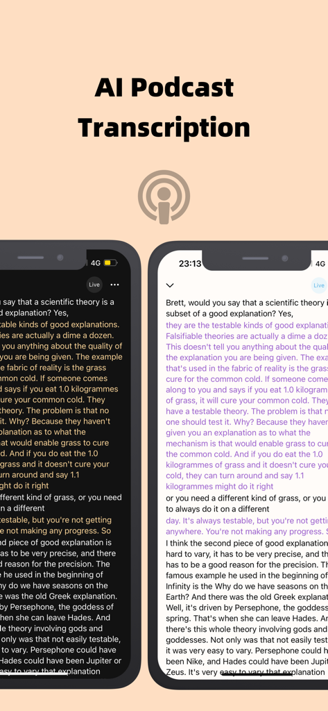 Lightcast - AI Podcast Player - Lightcast app interface showing AI-powered podcast transcription in light and dark modes