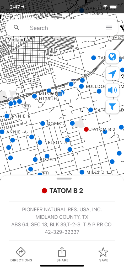 Petro Path - Map interface of Petro Path app showing oil and gas well locations in Midland County, Texas.