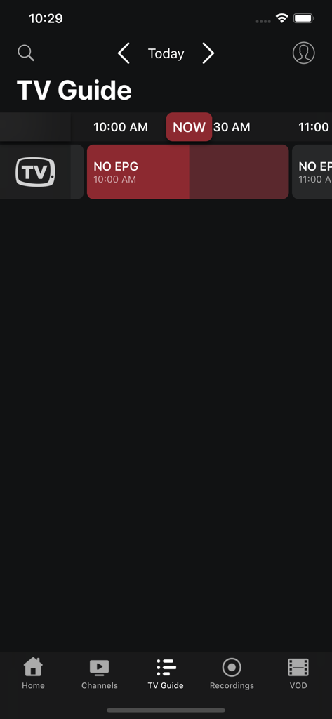 moTV.eu - Electronic Program Guide screen in the moTV app showing daily TV schedule and navigation bar