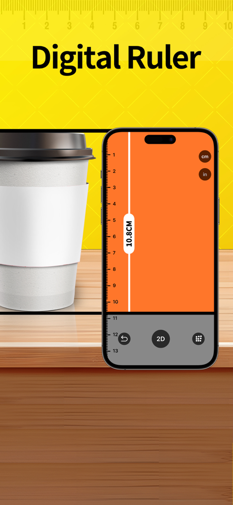 Level Tool・Tape Measure・AR App - A smartphone screen using the digital ruler feature to measure a coffee cup at 10.8 centimeters.