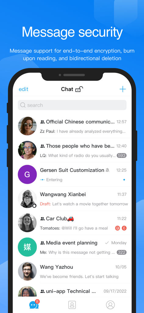 Ant Messenger app interface displaying encrypted chat list and security features
