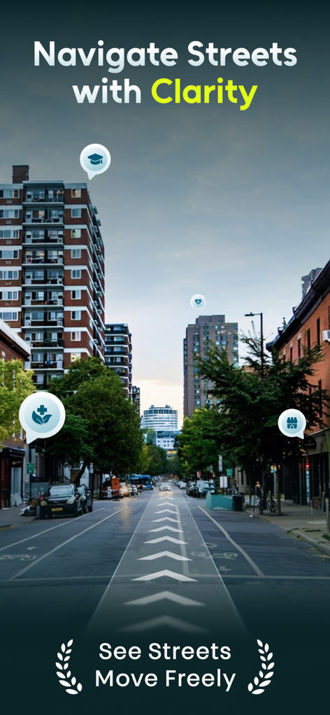 Live Earth Map: Street View - Una vista de la calle de una ciudad con flechas de navegación y marcadores de ubicación en la aplicación Live Earth Map