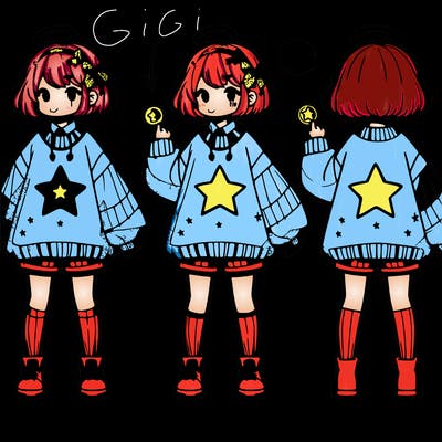a gurl with an oversized sweater that has a star in the middle she also has shorts and she has a coin in her hand she is also wearing a headband with a gachapon charm on it