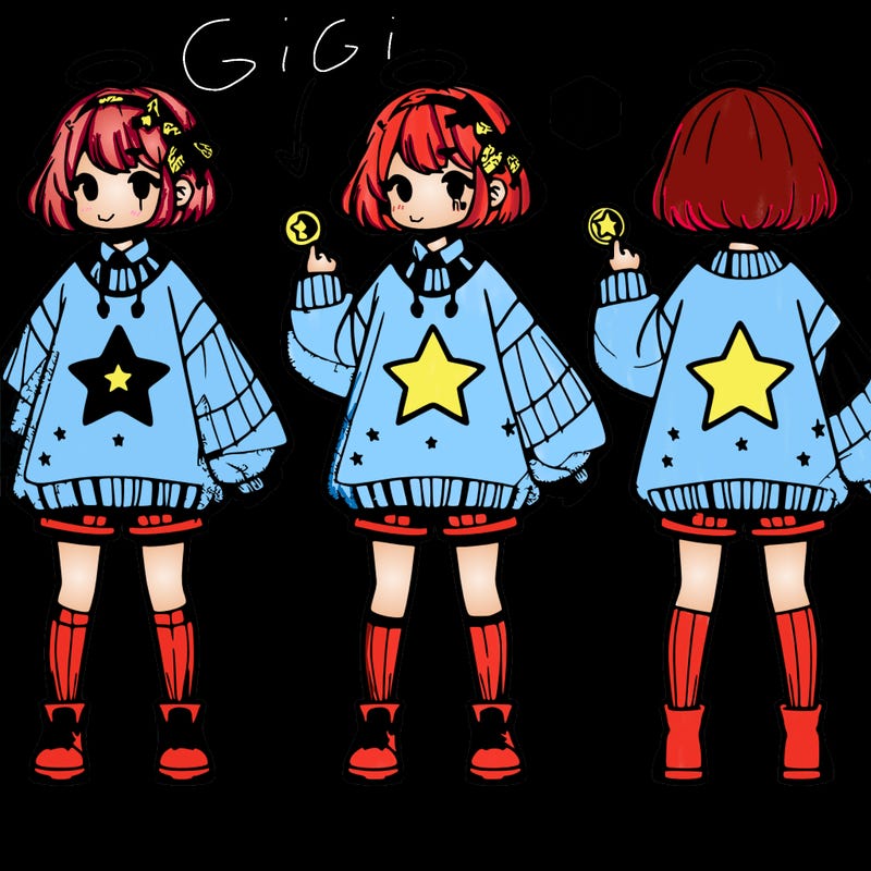 a gurl with an oversized sweater that has a star in the middle she also has shorts and she has a coin in her hand she is also wearing a headband with a gachapon charm on it