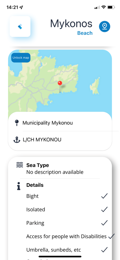 SafeWaterSports - Beach details for Mykonos on the SafeWaterSports app showing map and accessibility options