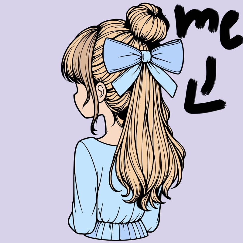 realistic girl  with hip length hair a bun and a big bow on the back of head