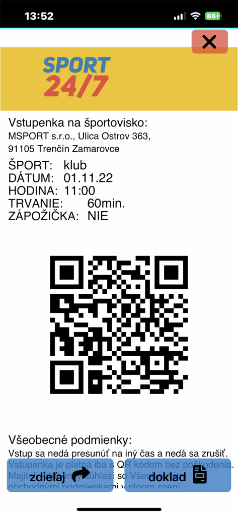 247sport - Digital entry pass with a QR code for accessing a sports facility