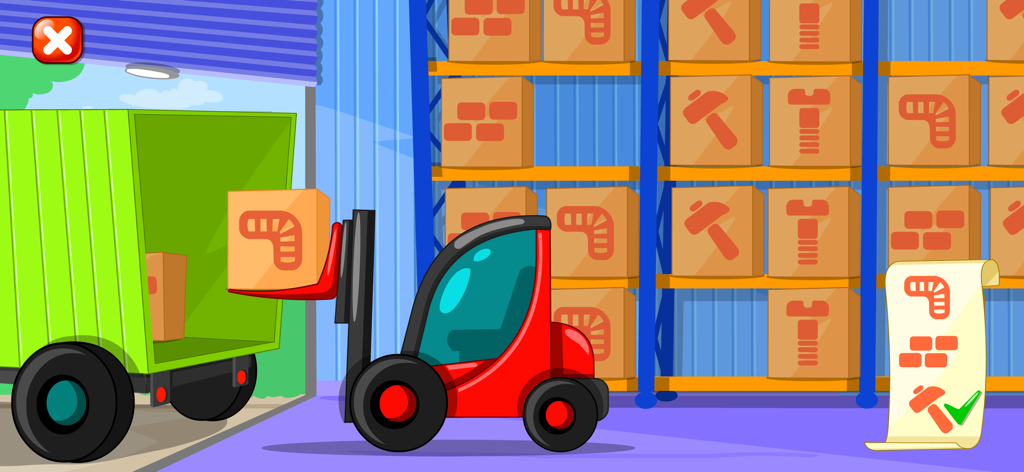 Builder Game - Craft & Paint - 倉庫で赤いフォークリフトが緑色のトラックに箱を積み込む様子。棚には道具の名前が書かれた箱がある。
