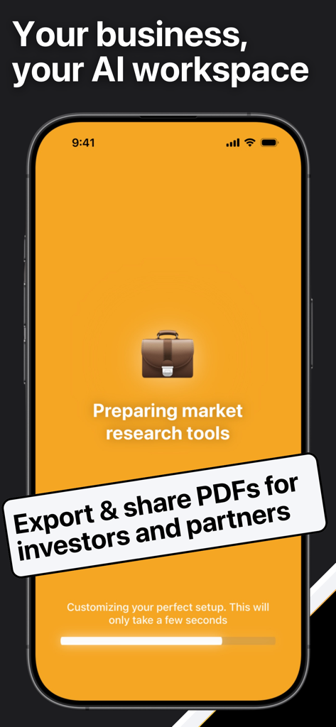 Interface de aplicativo móvel para gerar planos de negócios com IA e exportar para PDF para investidores