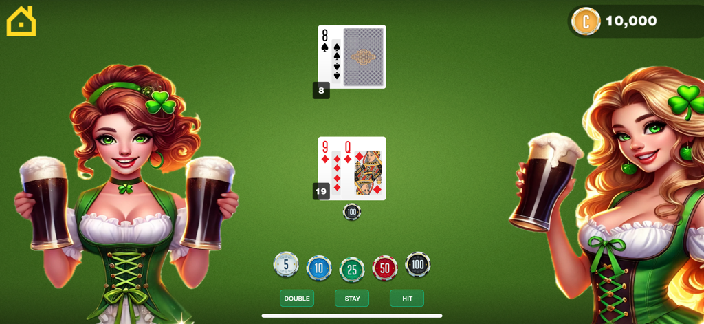 Blackjack card game interface in Lucky Clover Casino with Irish themed characters