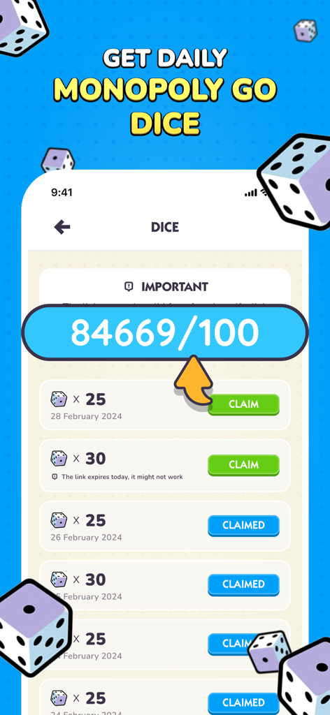 Sticker GO! - Tela do aplicativo Sticker GO mostrando o resgate de recompensas diárias de dados grátis do Monopoly GO