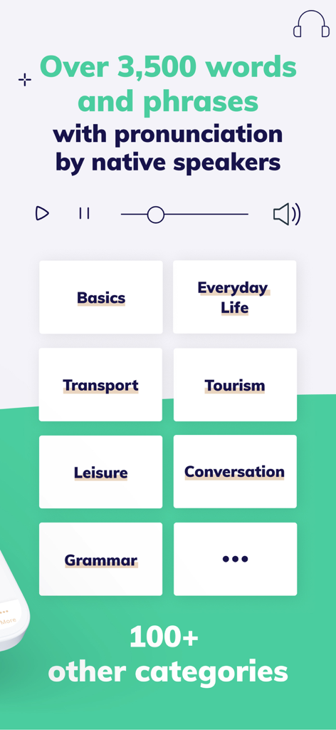 MosaLingua app screen showing language learning categories like Basics and Tourism with native speaker audio pronunciation.