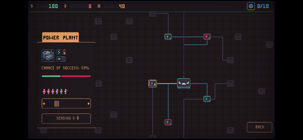 Despotism 3k - Strategic raid map in Despotism 3k showing power plant mission details and human resource allocation.