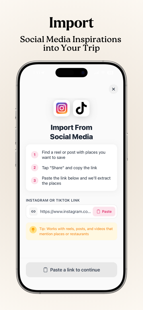 Roameo: Explore, Swipe, Go - Roameo app interface for importing travel spots from Instagram and TikTok