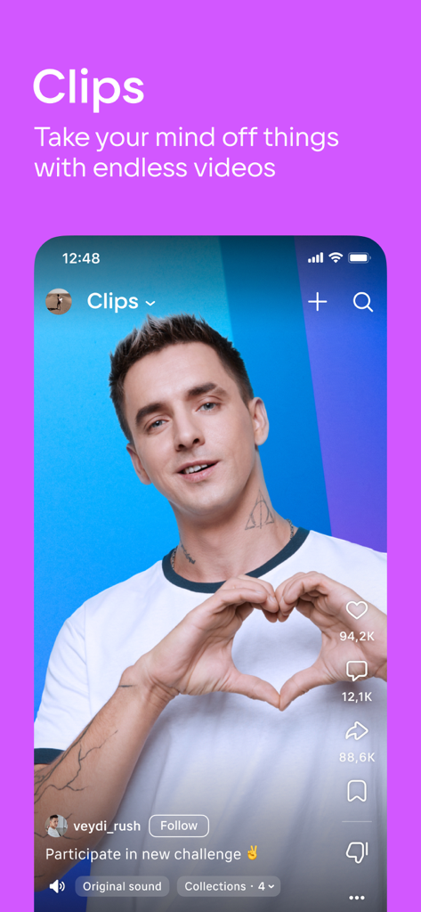 Screenshot della sezione Clip dell'app VK che mostra brevi video verticali con pulsanti di interazione sociale