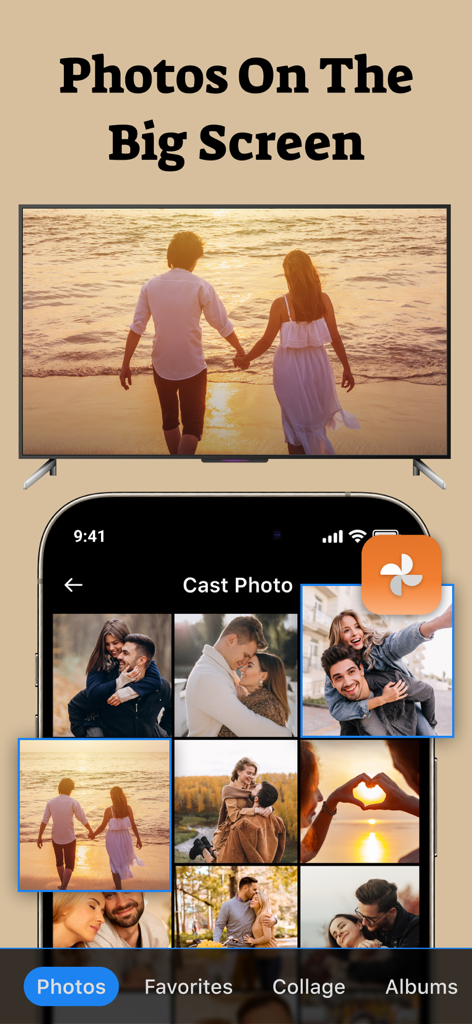 AirPlay : Screen Mirroring - Interface do aplicativo de smartphone exibindo uma galeria e transmitindo uma foto de um casal em uma praia para uma TV grande