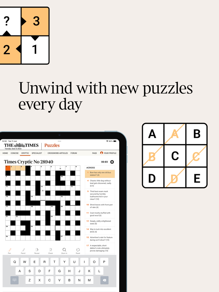 The Times and The Sunday Times - La aplicación The Times mostrando un crucigrama críptico diario y acertijos de palabras en una pantalla de iPad