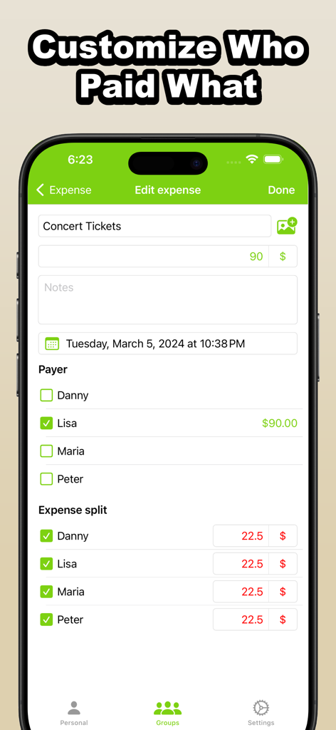 Who Owes Me - IOU Tracker - Interface for splitting a ninety dollar expense for concert tickets among four friends in the Who Owes Me app