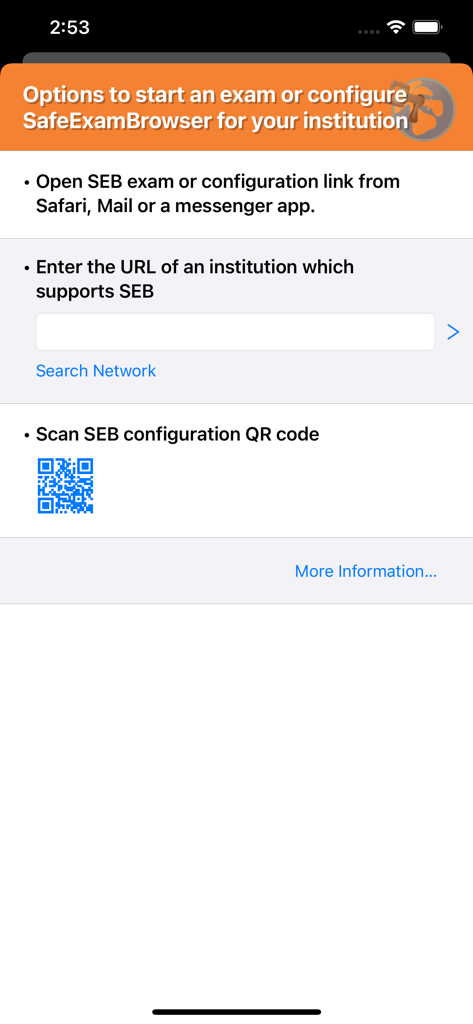 SafeExamBrowser - Interface de l'application SafeExamBrowser montrant les options pour démarrer un examen via la saisie d'une URL ou le scan d'un code QR