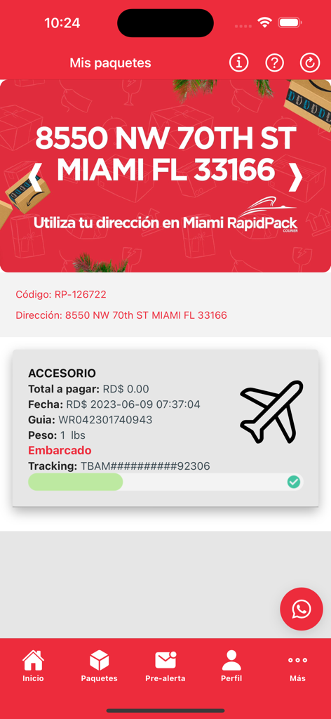 Rapid Pack - Panel de la aplicación Rapid Pack mostrando el estado del paquete e información de envío en Miami