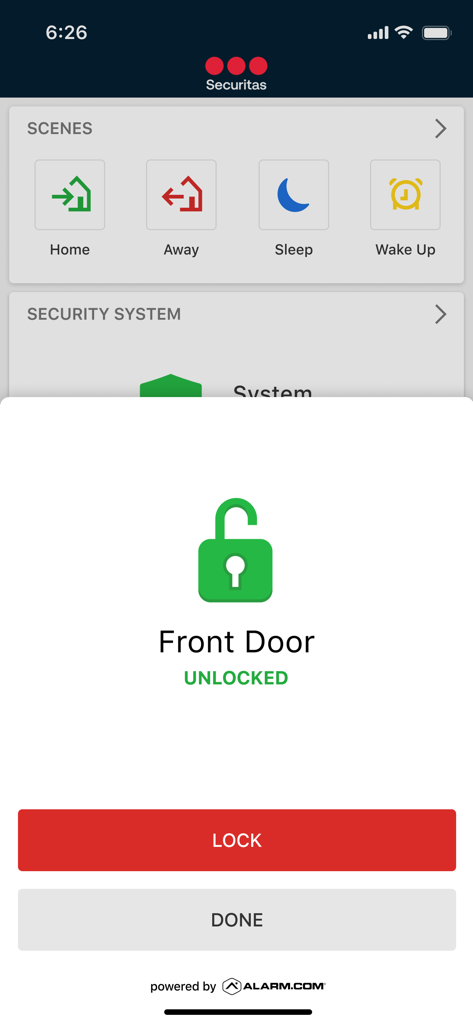 Securitas Connect - Securitas Connect Mobile App Benutzeroberfläche mit Status der unverschlossenen Haustür und Szenen für die Haussicherheit