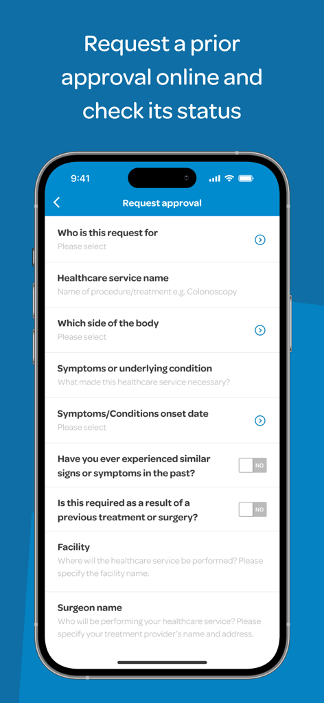 Interface do aplicativo móvel My Southern Cross mostrando um formulário de solicitação de aprovação prévia para seguro de saúde
