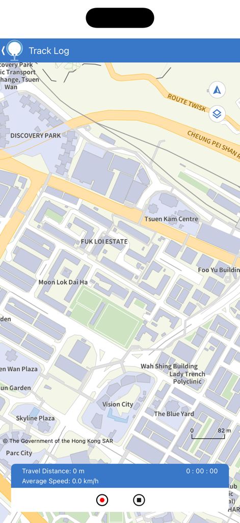 MyMapHK - Screenshot of the MyMapHK app showing the Track Log feature on a detailed map of Hong Kong urban areas