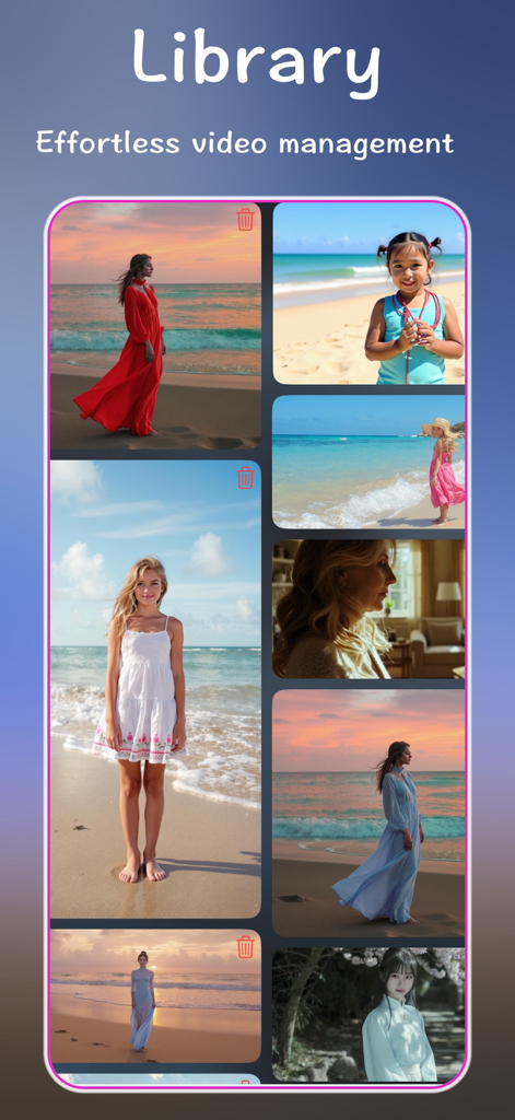 Nano Banana - AI Photo Maker - Une interface d'application mobile montrant une grille de bibliothèque de clips vidéo générés par IA pour une gestion facile