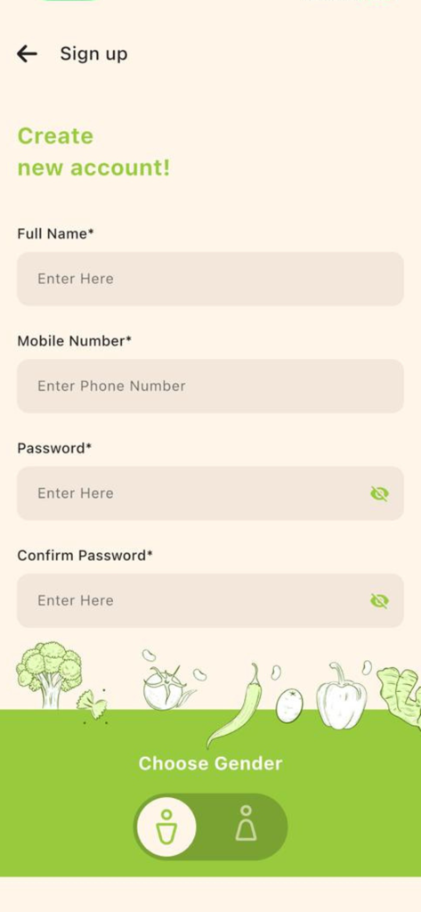 Fitness Kitchen App - Sign up screen for the Fitness Kitchen App showing a registration form with fields for name and phone number and a gender selection tool.