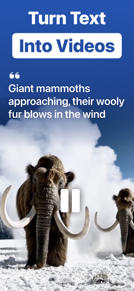 AI Video Generator app interface showcasing text to video generation of mammoths in a snowy landscape