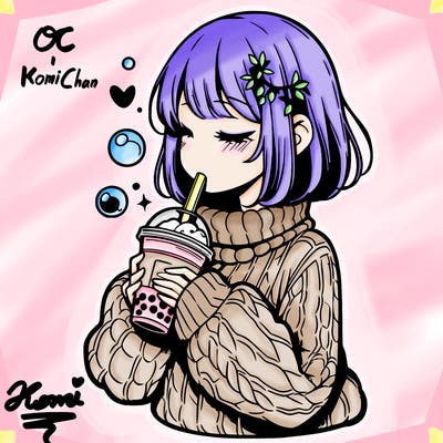 manga girl drinking boba in cozy sweater