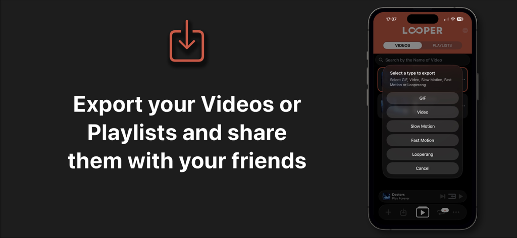Looper - Una pantalla de la aplicación Looper mostrando opciones de exportación que incluyen vídeo GIF y cámara lenta en un iPhone