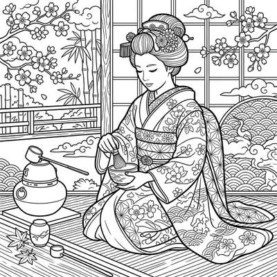Immerse yourself in the elegant world of a Maiko apprentice as she performs a traditional Japanese tea ceremony. This intricate coloring page invites you to bring the beauty of Japanese culture to life with your own palette.