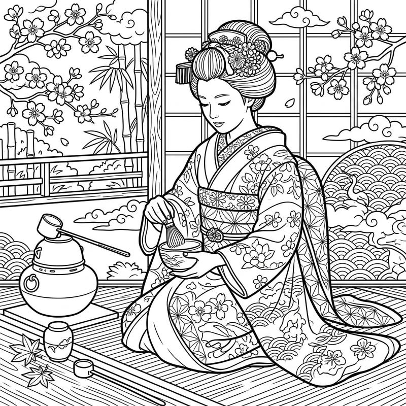 Immerse yourself in the elegant world of a Maiko apprentice as she performs a traditional Japanese tea ceremony. This intricate coloring page invites you to bring the beauty of Japanese culture to life with your own palette.