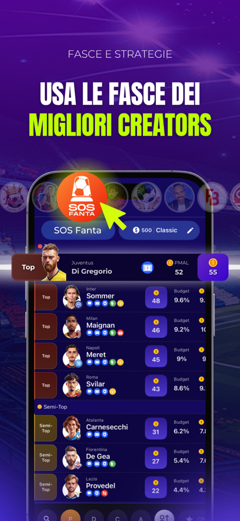 FantaLab Manager - Fantacalcio - FantaLab app interface displaying Serie A player tiers and auction strategies from top creators