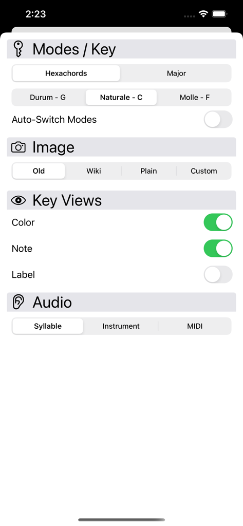 Guidonian Hand - Guidonian Hand app settings screen with options for music modes image styles and audio
