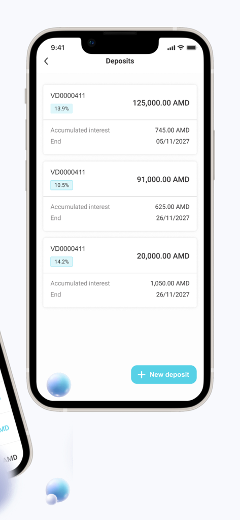 AMIO Mobile - AMIO Mobile app screen displaying a list of active deposits with interest rates and balances in Armenian Dram.