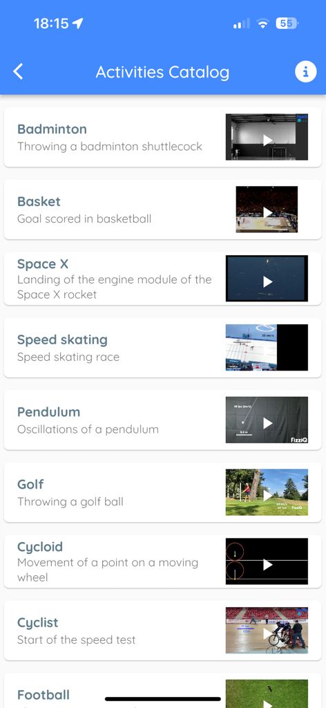 FizziQ App Aktivitätenkatalog mit einer Liste von Physikexperimenten wie Badminton, Basketball und der Landung einer SpaceX-Rakete.