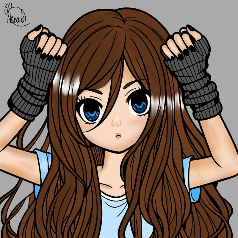 long haired girl with fingerless gloves
