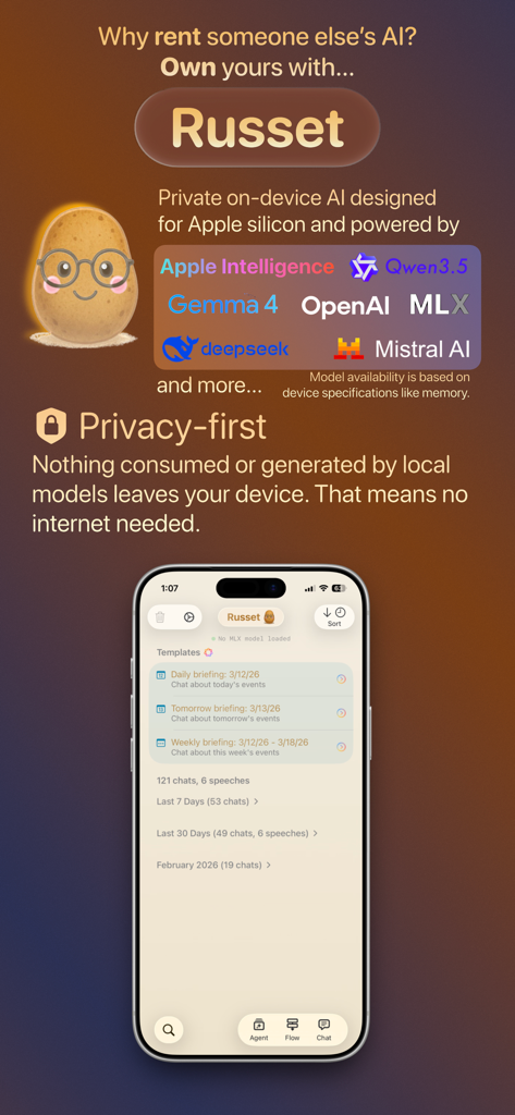 Russet: Private on-device AI - Promotional screen for Russet app highlighting its privacy-first on-device AI features and various supported models on an iPhone.
