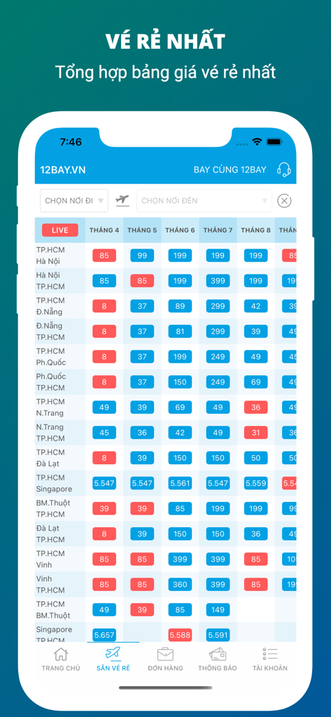 Săn Vé Máy Bay Giá Rẻ 12Bay.vn - 12Bayアプリ内のベトナム国内線の月間価格比較表