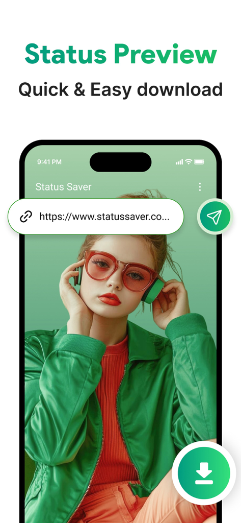 Story saver : Video saver - App interface showing a WhatsApp status preview with a quick download button