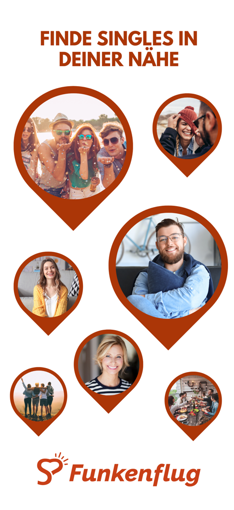 Écran promotionnel pour l'application de rencontre Funkenflug montrant des photos de célibataires et d'activités de groupe social à l'intérieur de cadres en forme de repères de localisation