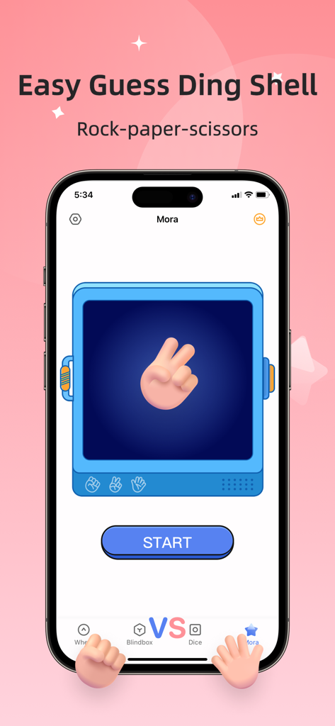 Tiny Decisions app interface showing a rock paper scissors game for quick decision making