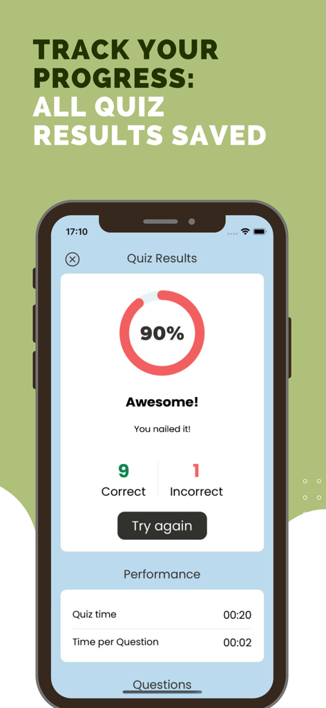 Life & Health Exam Prep 2026 - Quiz results screen showing a ninety percent score and performance analytics in the Life and Health Exam Prep 2026 app
