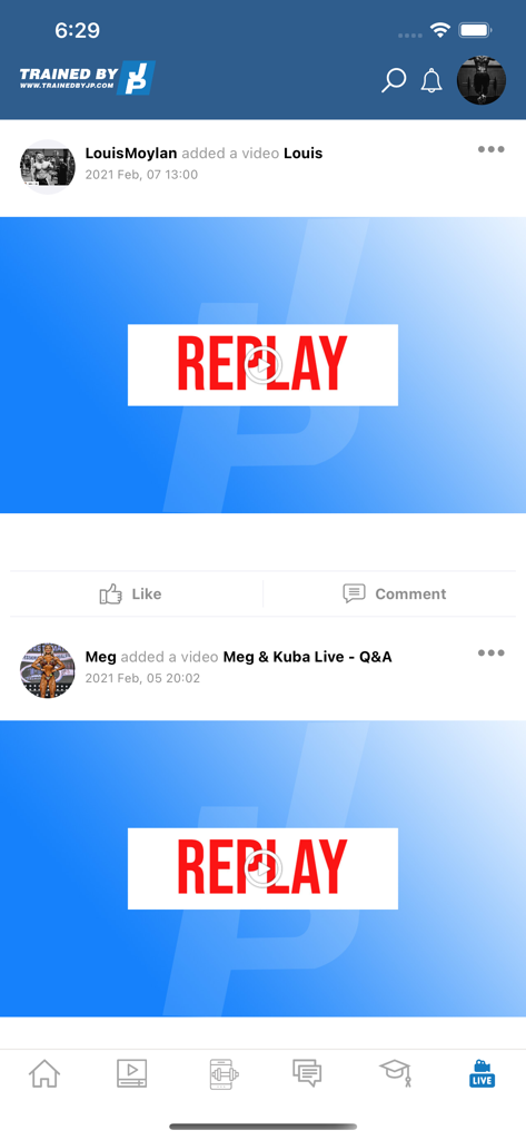 TrainedByJP - Social community feed in the TrainedByJP app with bodybuilding video replays and member posts