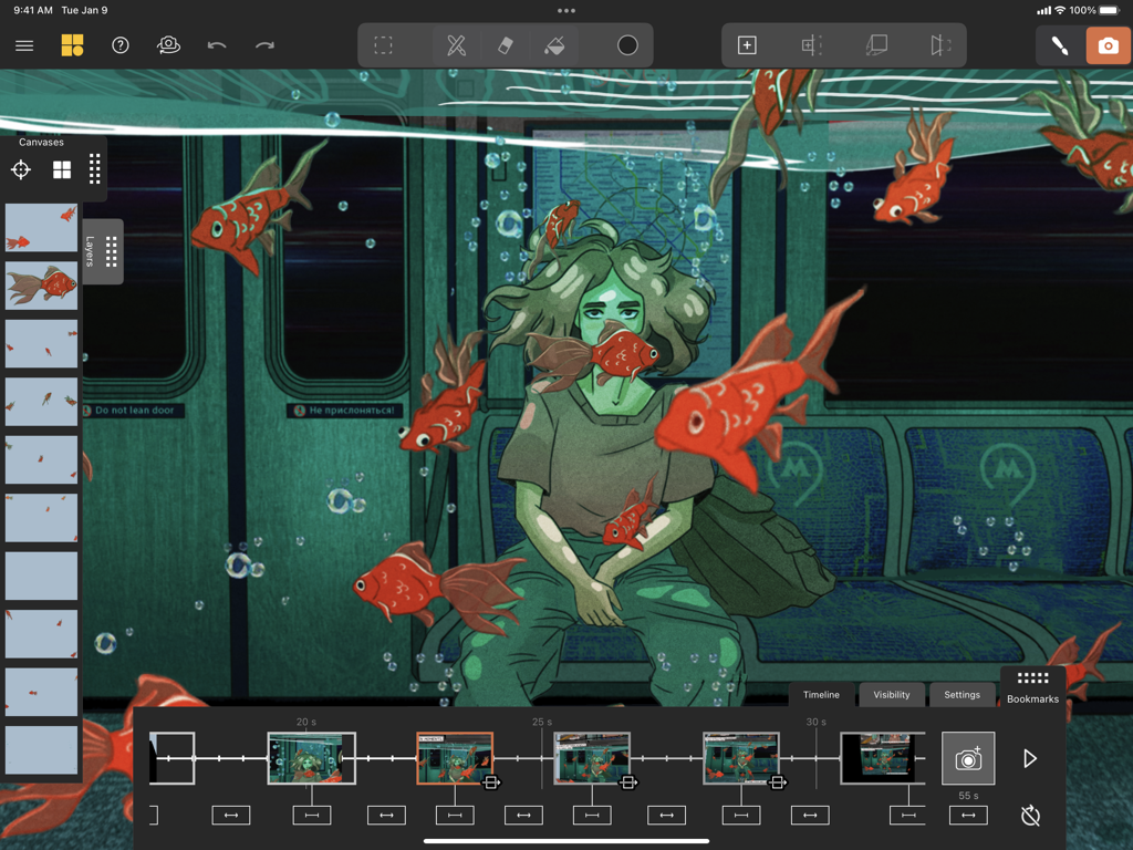 Mental Canvas Draw - Mental Canvas Draw interface showing an illustration of a character on a subway with an animation timeline and bookmarks.