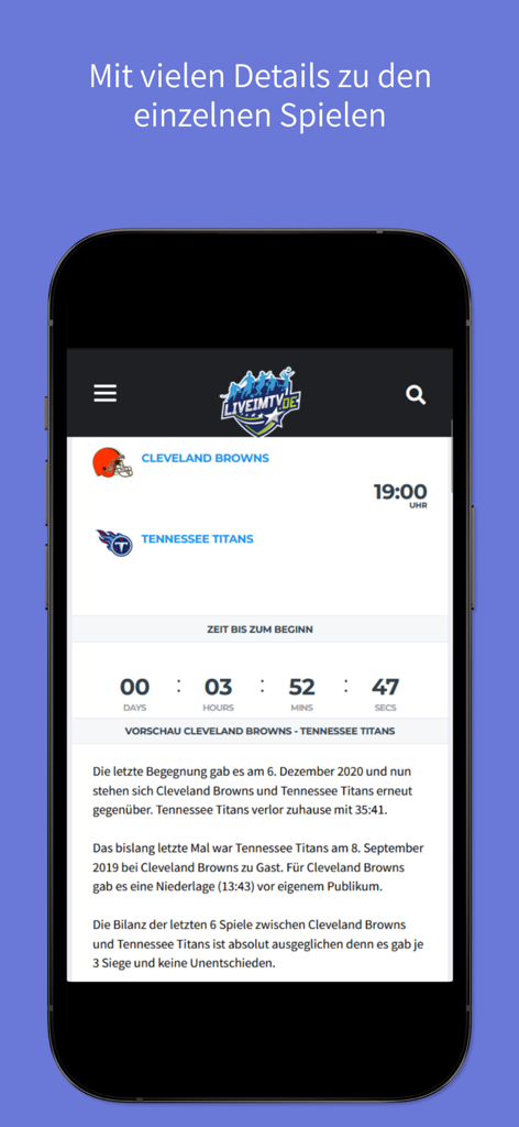 Une capture d'écran d'application mobile montrant un aperçu détaillé d'un match de la NFL entre les Cleveland Browns et les Tennessee Titans avec un compte à rebours.