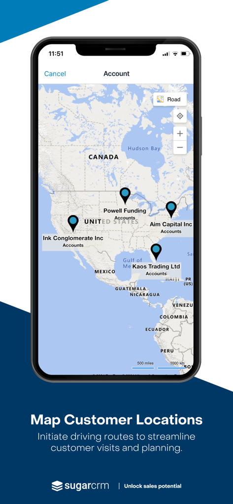 Aplicativo móvel SugarCRM mostrando locais de clientes em um mapa para planejar rotas de condução para visitas de vendas
