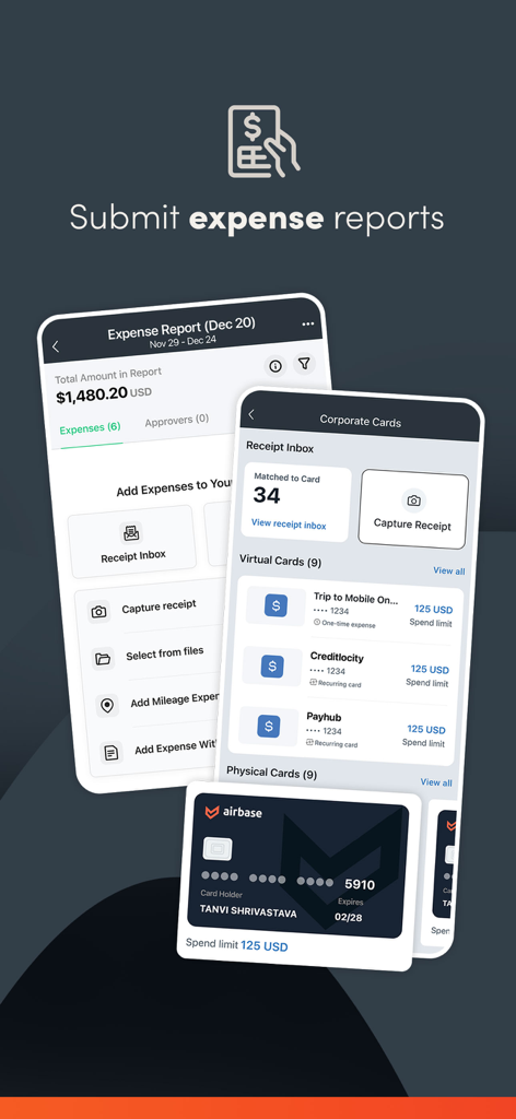 Interfaccia dell'app mobile Paylocity per l'invio di report spese e la gestione delle carte aziendali